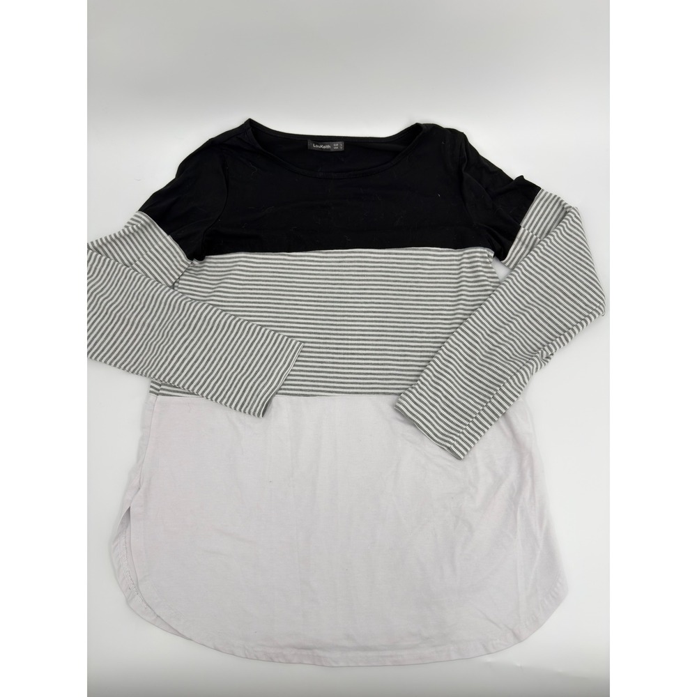 LouKeith Tunic Top Colorblock Modern Women Size L Black White Gray Striped Shirt